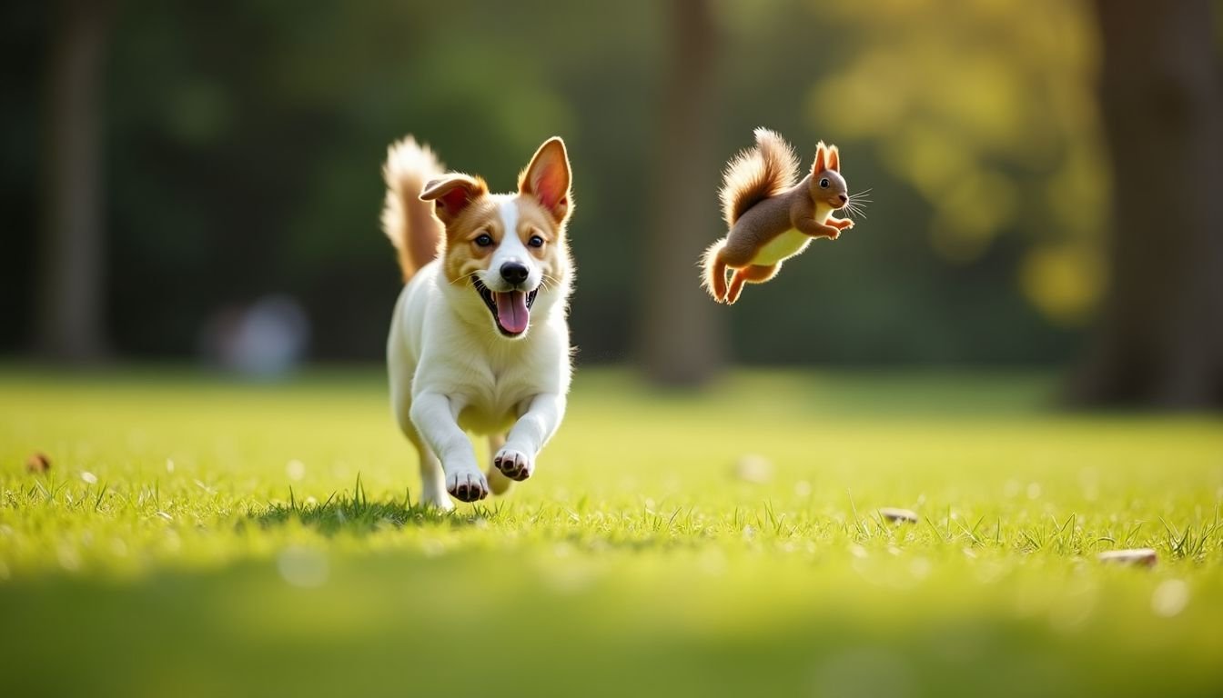 A dog happily chases a Chuckit! Flying Squirrel toy in a park.