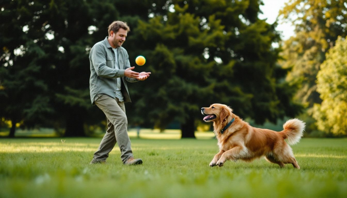 A man plays fetch with a golden retriever in a park.