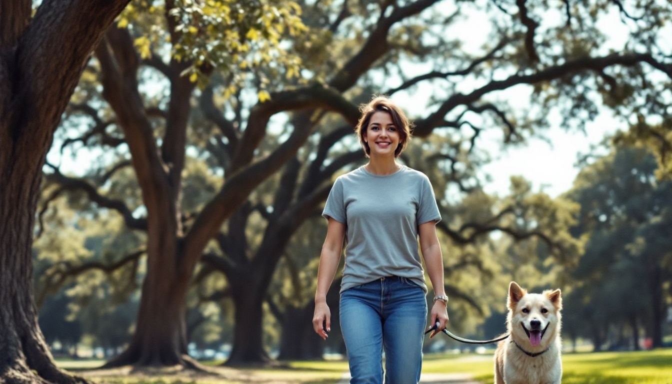 A person walks a dog in City Park, New Orleans.