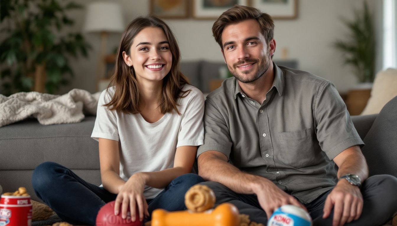 An average couple sitting in a cozy living room surrounded by dog toys.