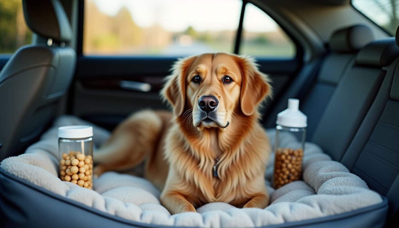 A golden retriever relaxes in a car with water and snacks.