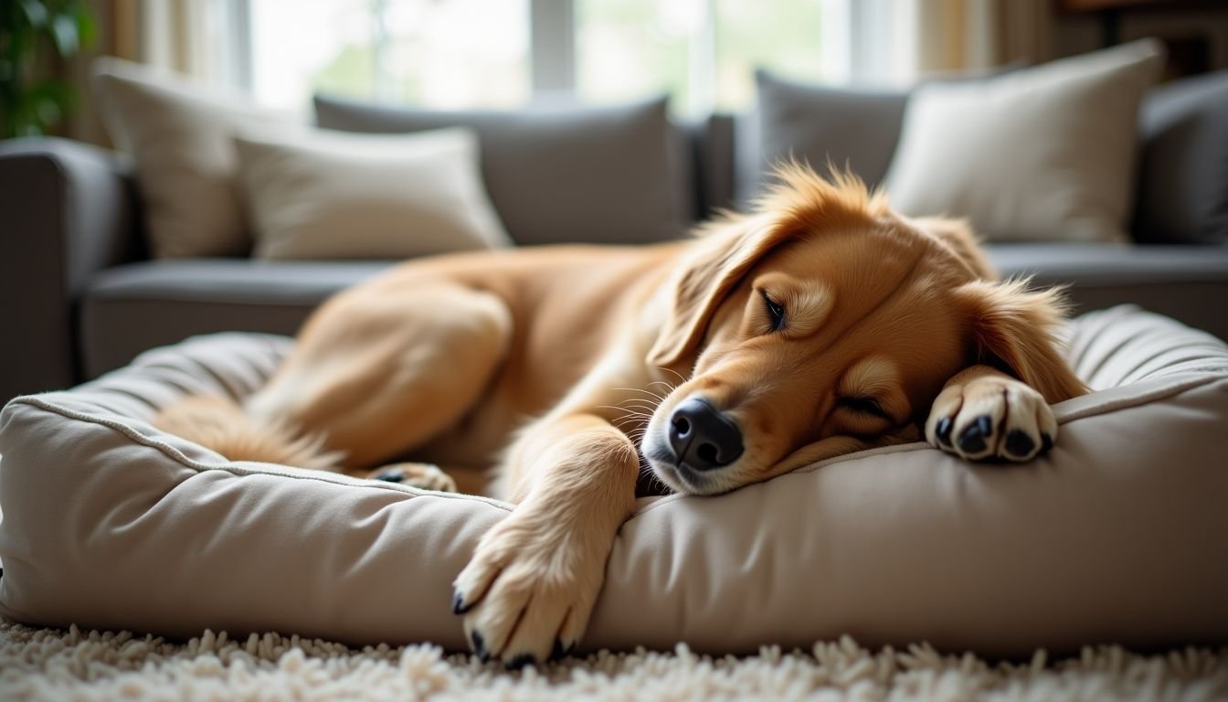 A golden retriever peacefully sleeps on a soft dog bed.