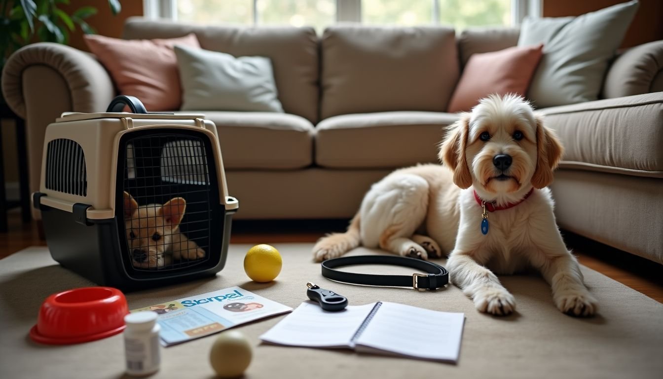 A cozy living room with pet travel essentials scattered on the floor.
