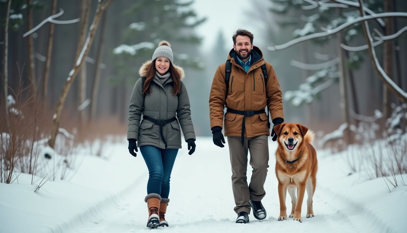 A middle-aged couple and their dog enjoy a snowy forest hike. A middle-aged couple and their dog enjoy a snowy forest hike.