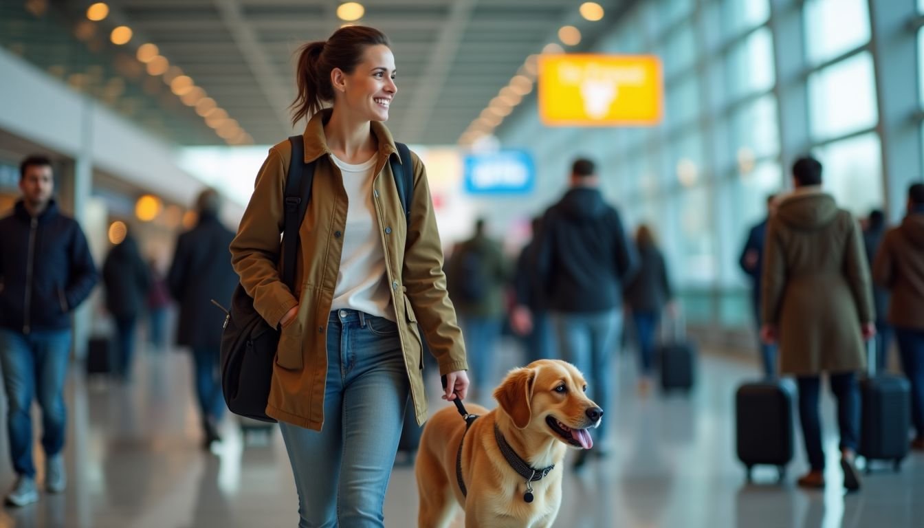 A woman walks her dog in a busy airport terminal.