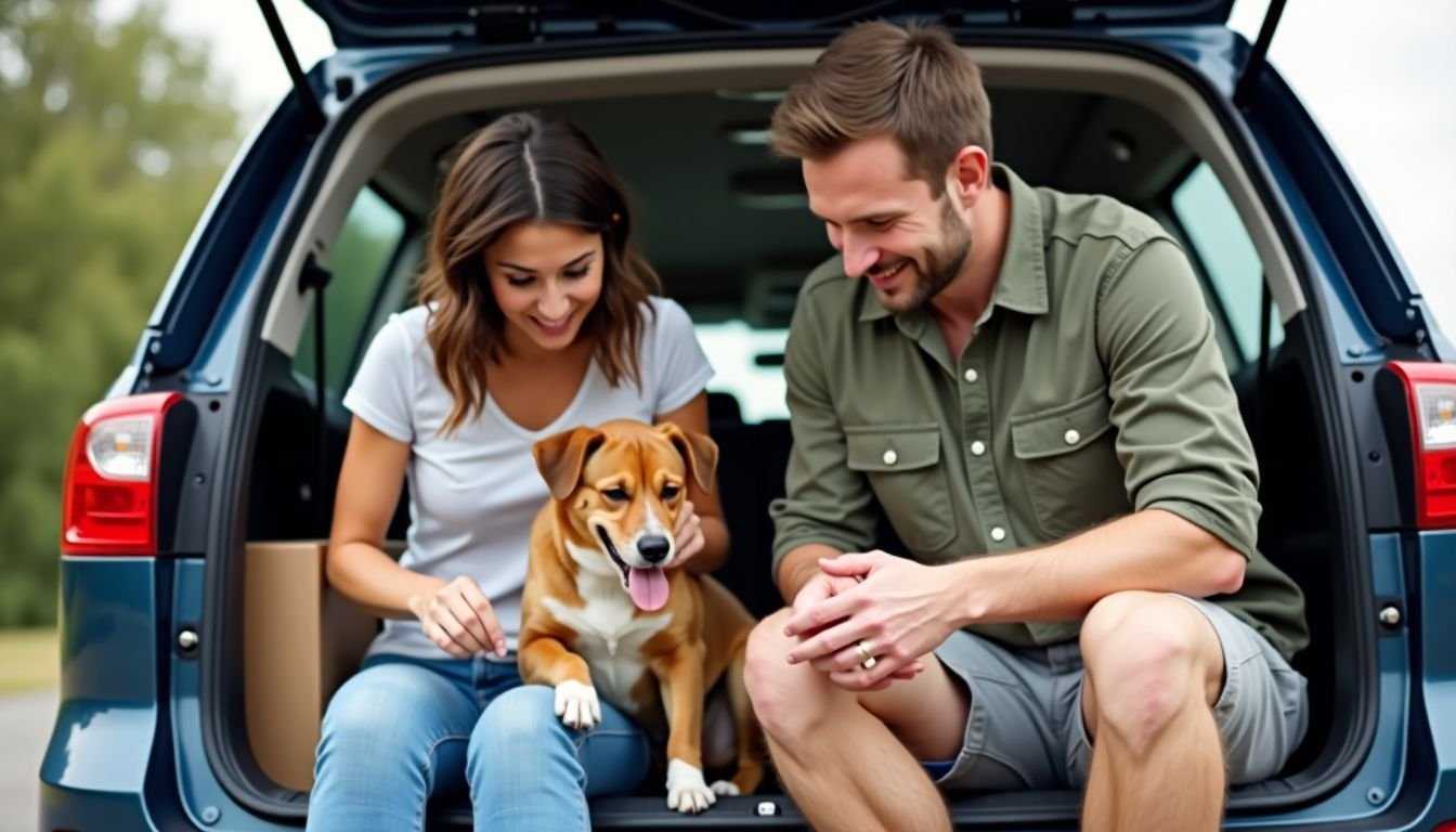 A couple and their dog preparing for a road trip.