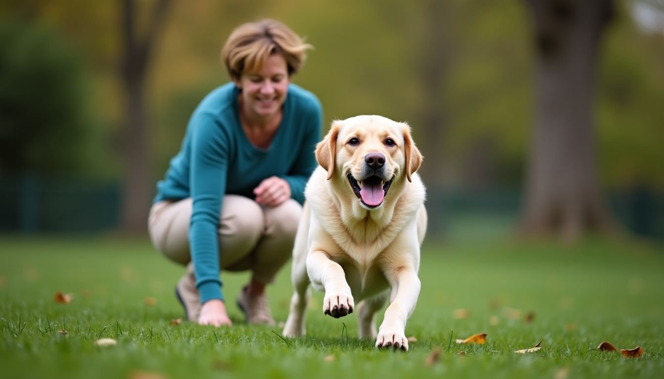 A woman playing with her Labrador retriever in a park.