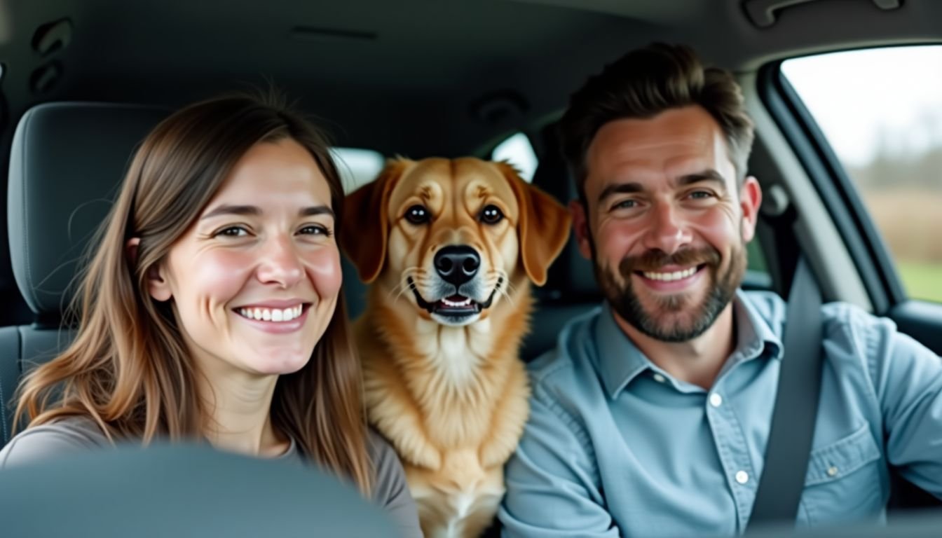A couple and their dog sitting in the backseat of a car.
