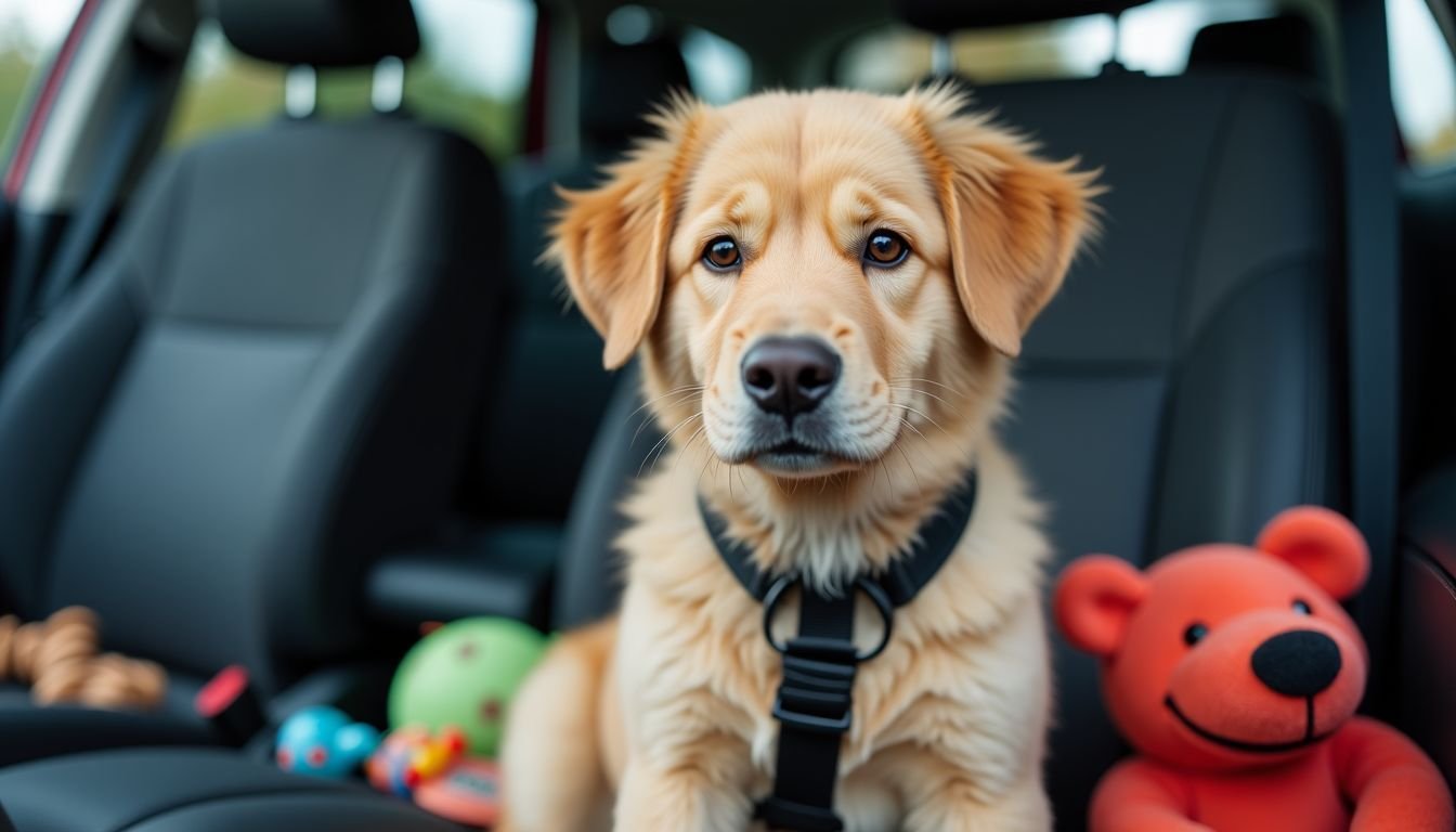 A dog securely harnessed in a car surrounded by familiar toys.