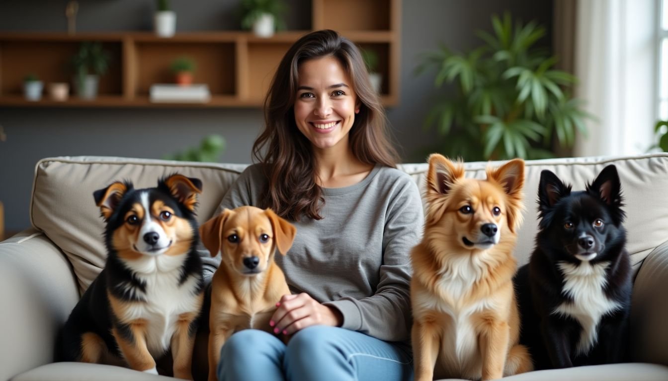 A woman sitting on a sofa surrounded by small dogs.