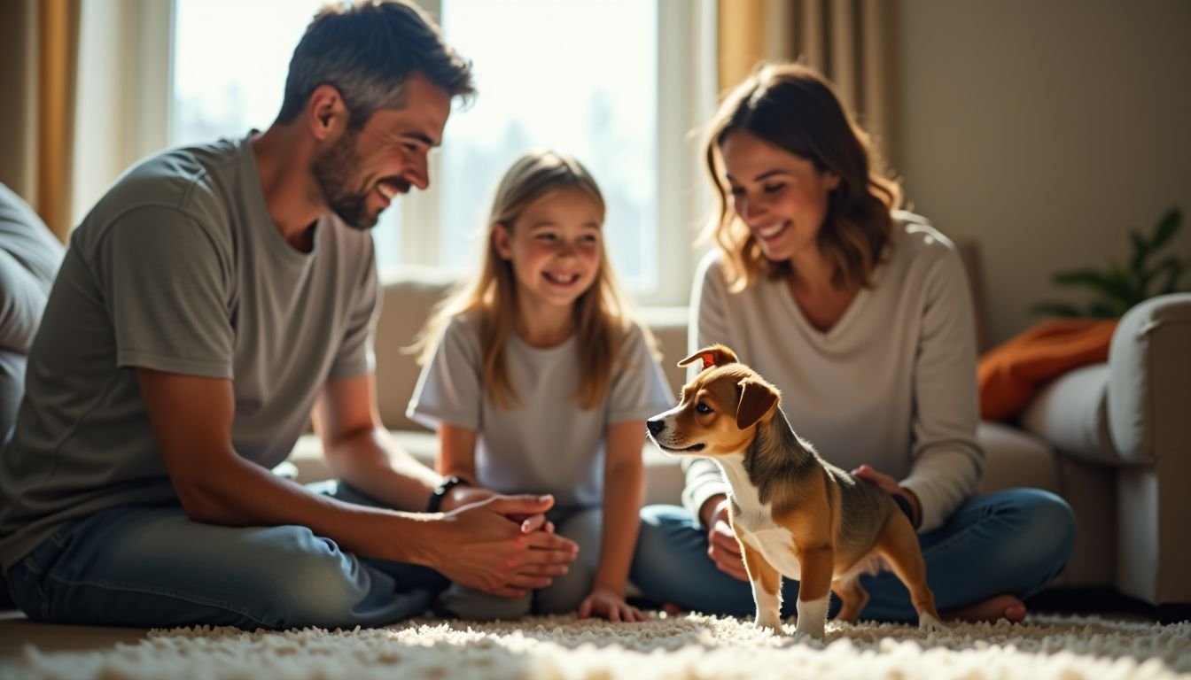 A family training a small dog in a cozy apartment.