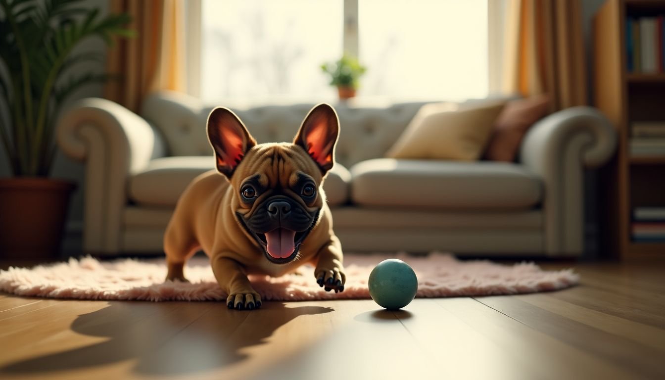 A French Bulldog plays in a cozy living room on a lazy afternoon.