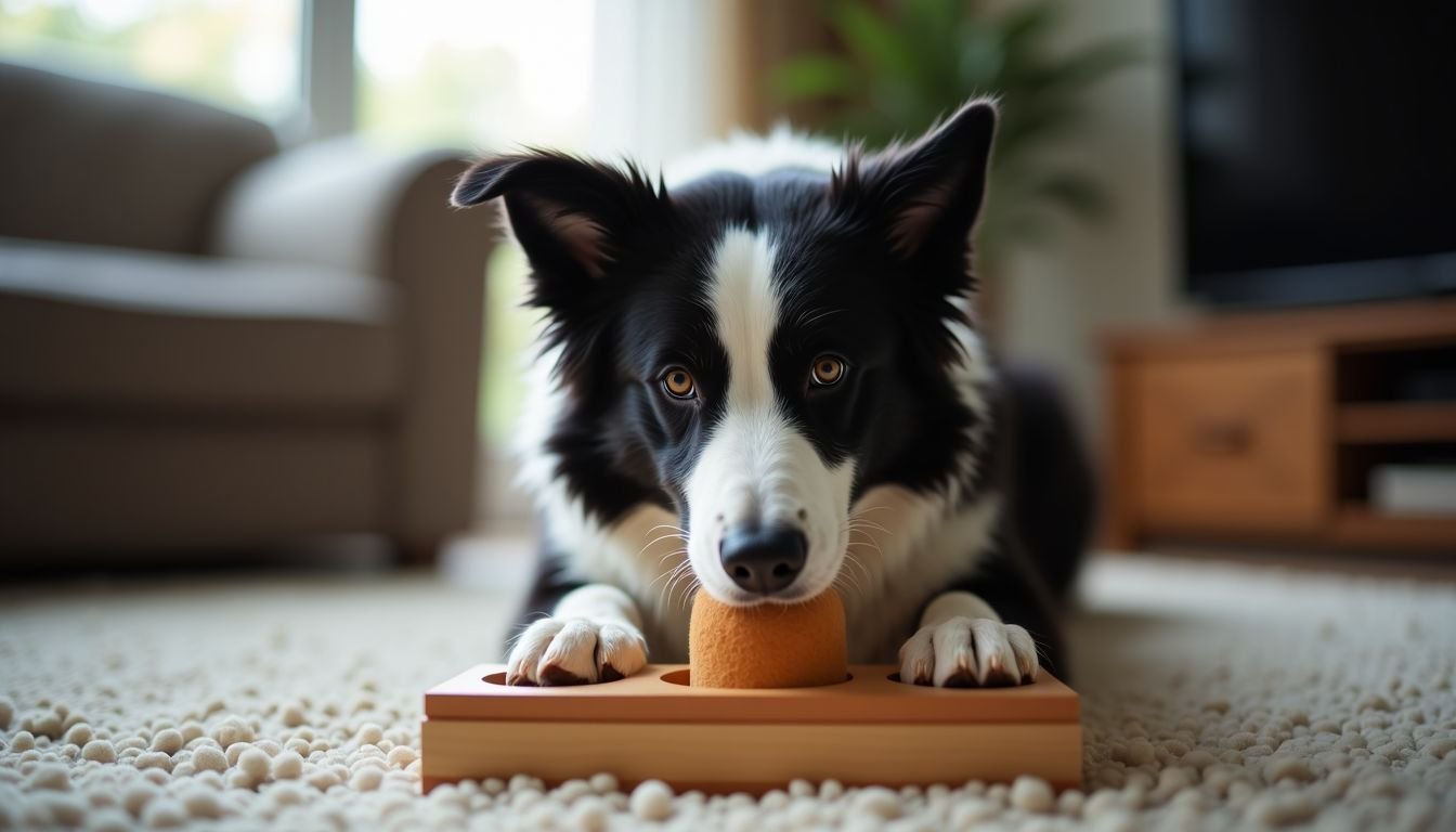 A Border Collie solving a puzzle toy in a cozy living room.