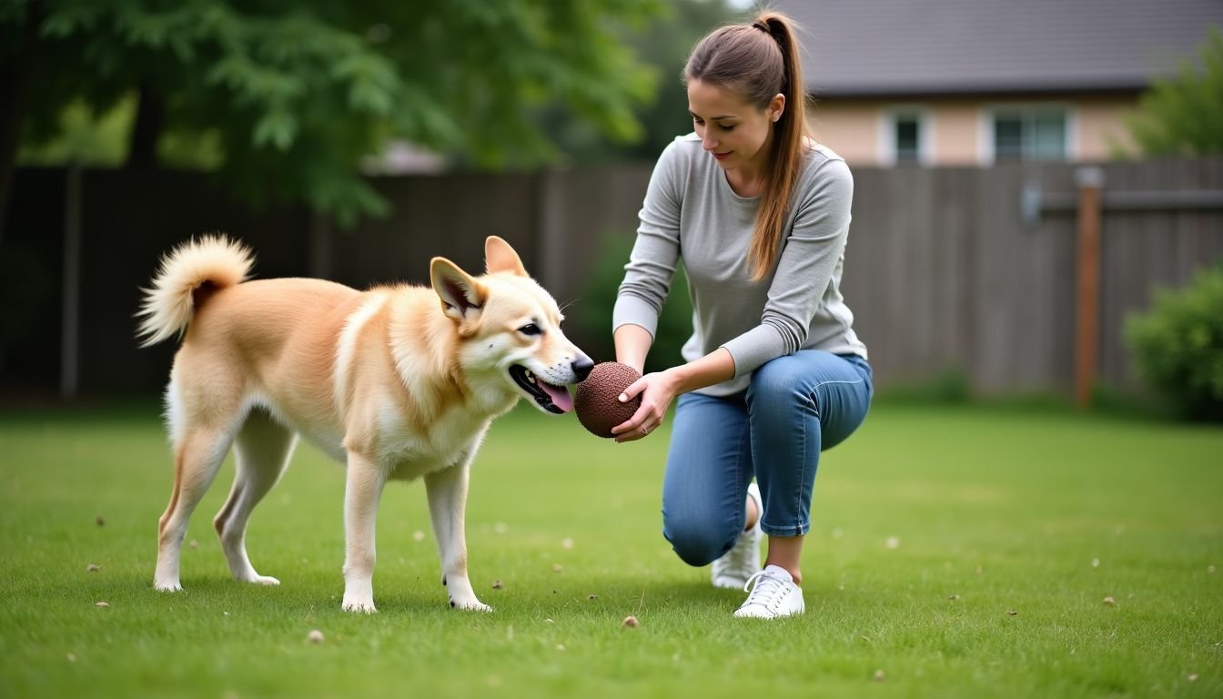 A woman playing with a large dog in a spacious backyard.