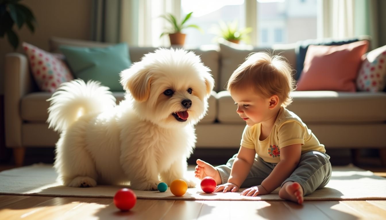 A Coton de Tulear dog plays with a child in a cozy living room.