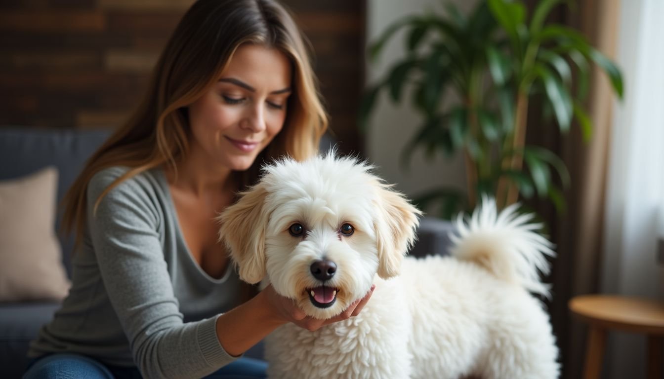 A woman grooms her fluffy Coton de Tulear dog in a cozy living room.