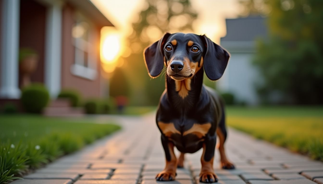 A vigilant Dachshund guards a cozy suburban home at dusk.