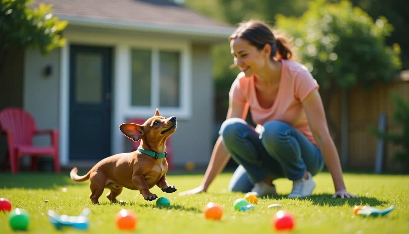 A woman plays fetch with a Dachshund in a colorful backyard.