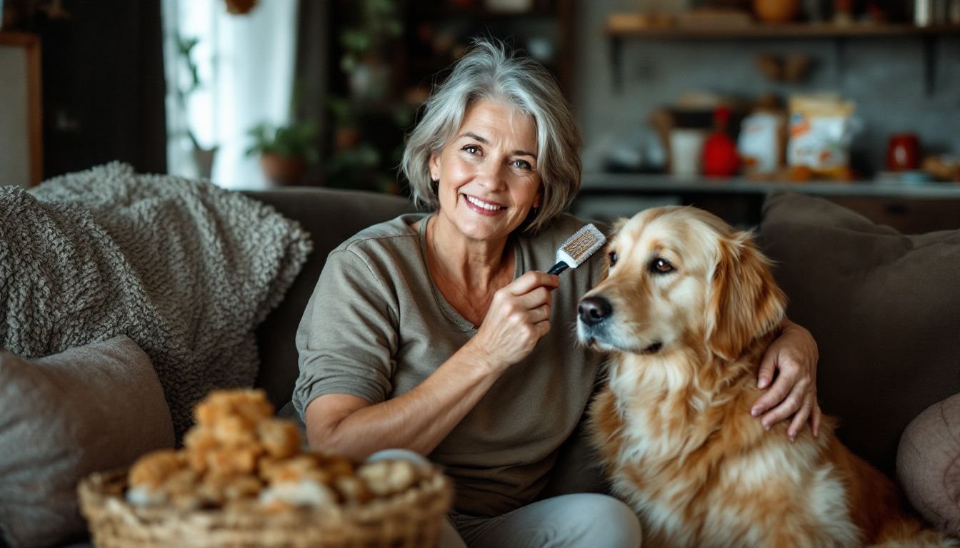 A middle-aged woman sits with her golden retriever in a cozy living room.