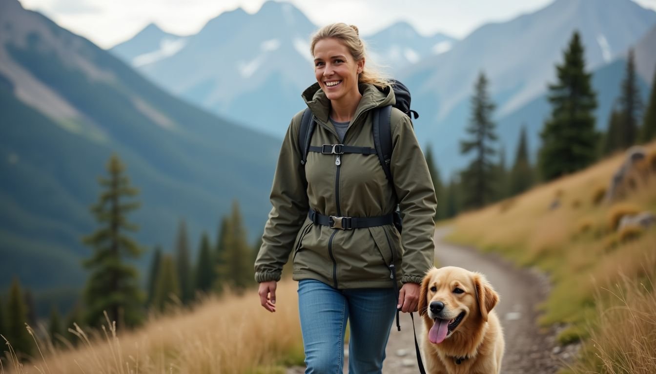 A woman and her dog hiking in the Rocky Mountains.
