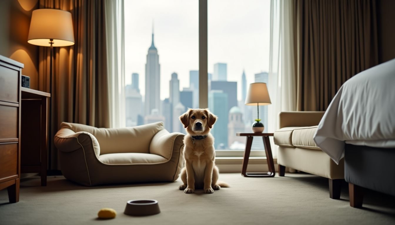 A dog-friendly hotel room in a lively city setting with cozy amenities.