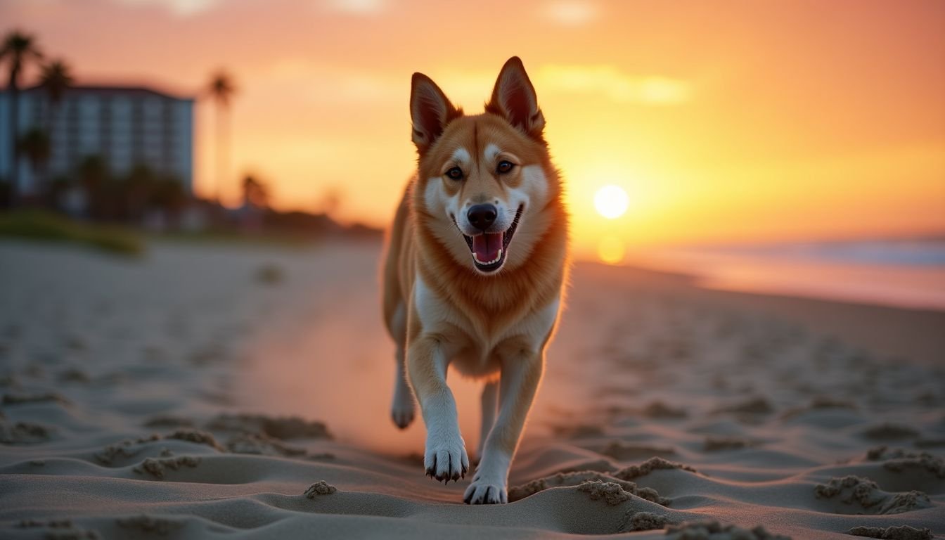 A dog playing fetch on a sandy beach in front of a dog-friendly hotel at sunset.