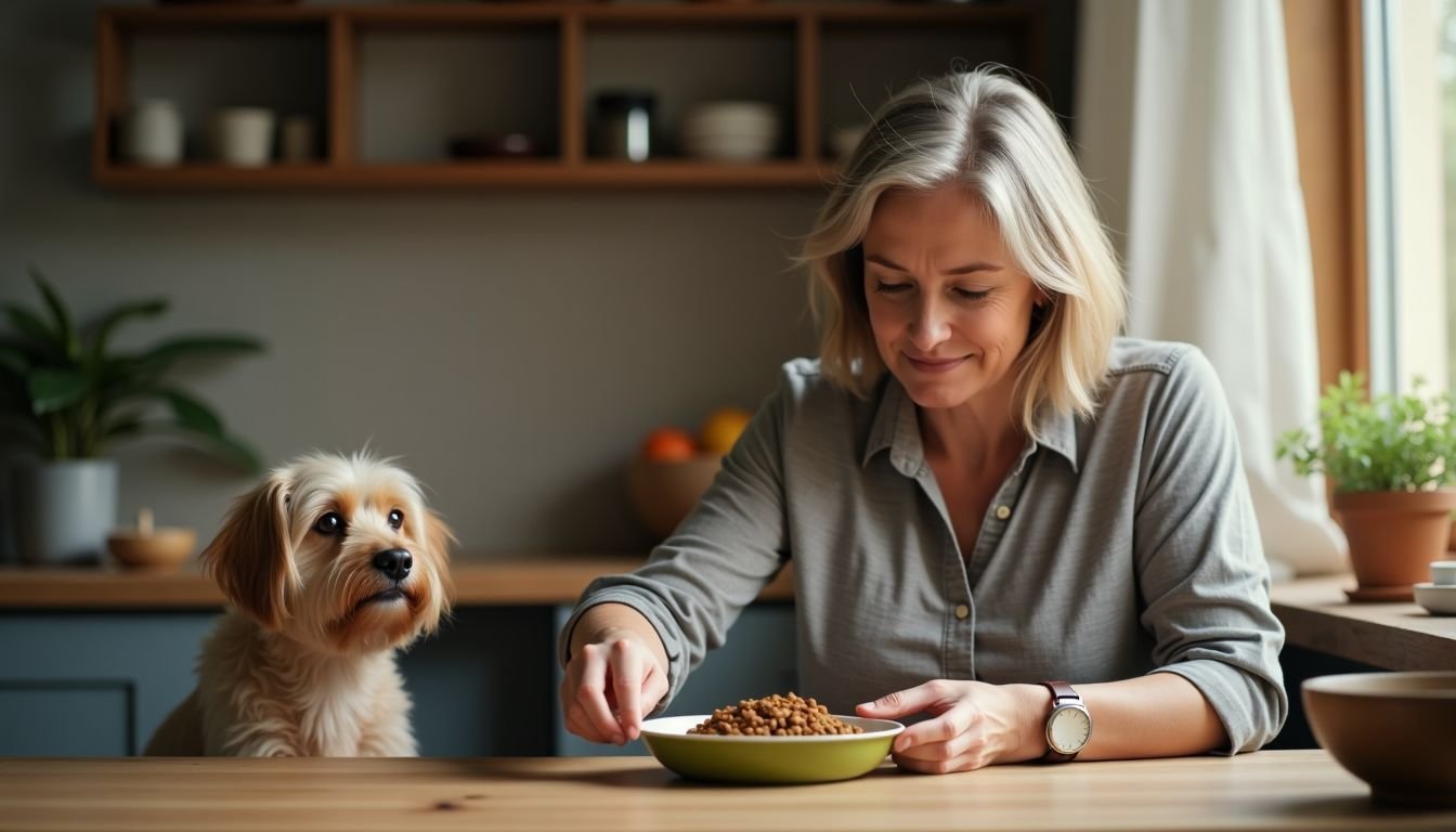A woman measures out specialized dry dog food in a cozy kitchen.