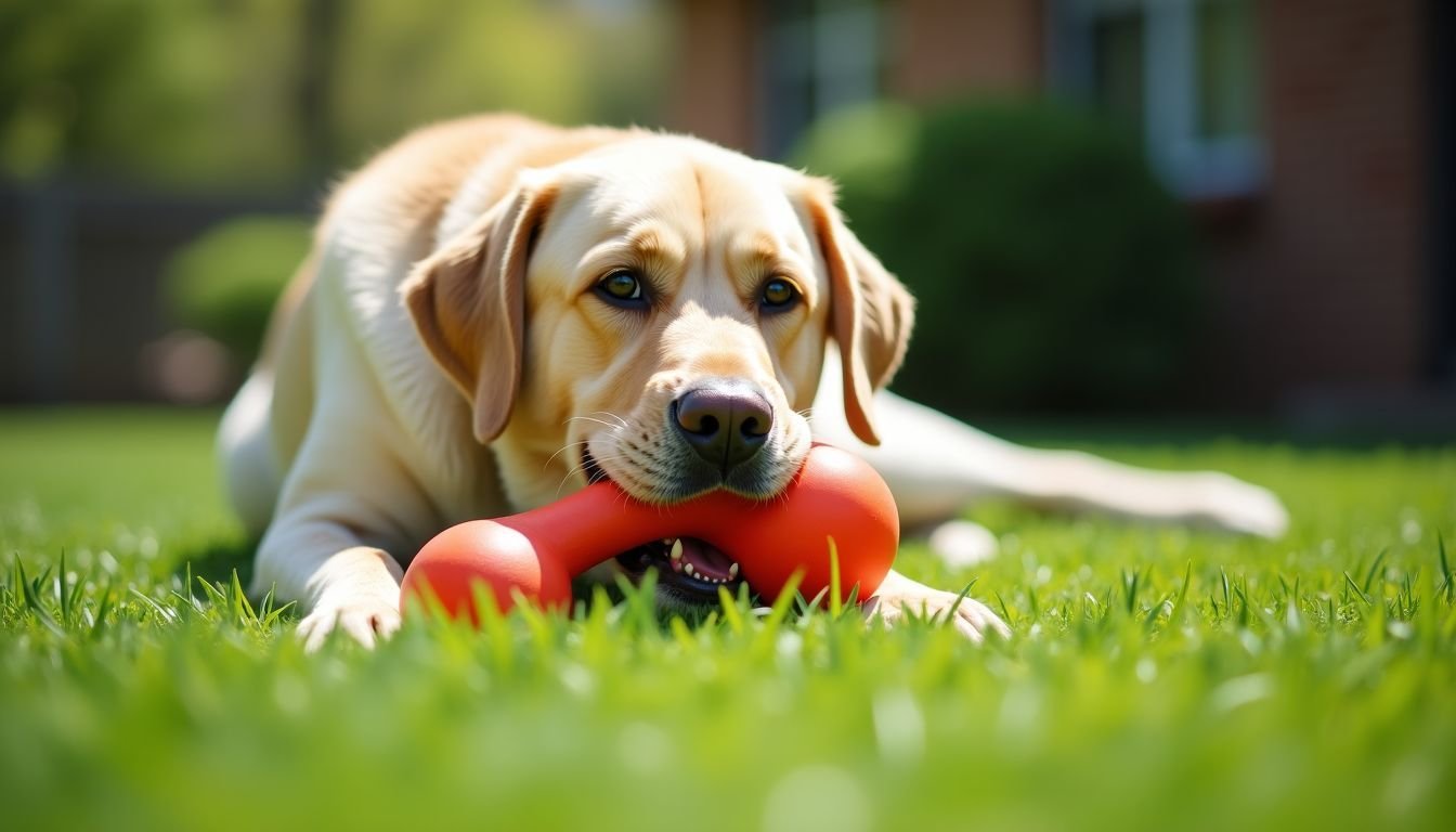 A Labrador happily chews on a large rubber dog toy in a sunny backyard.