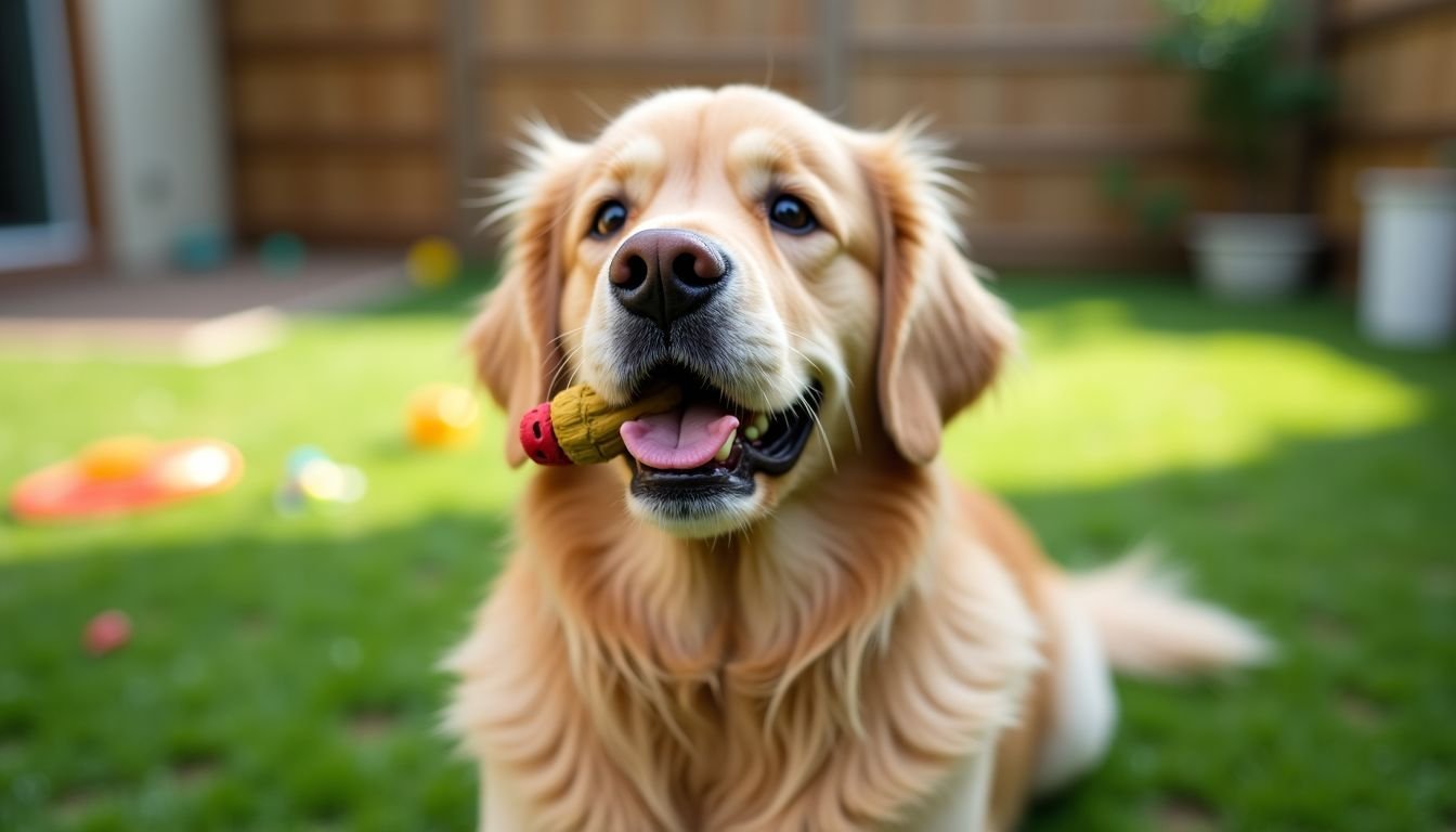 A golden retriever happily chews on a durable toy in a backyard.