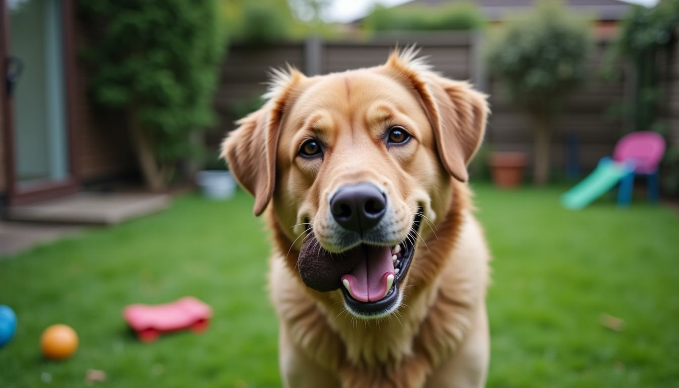 A dog happily chews on a durable toy in the backyard.