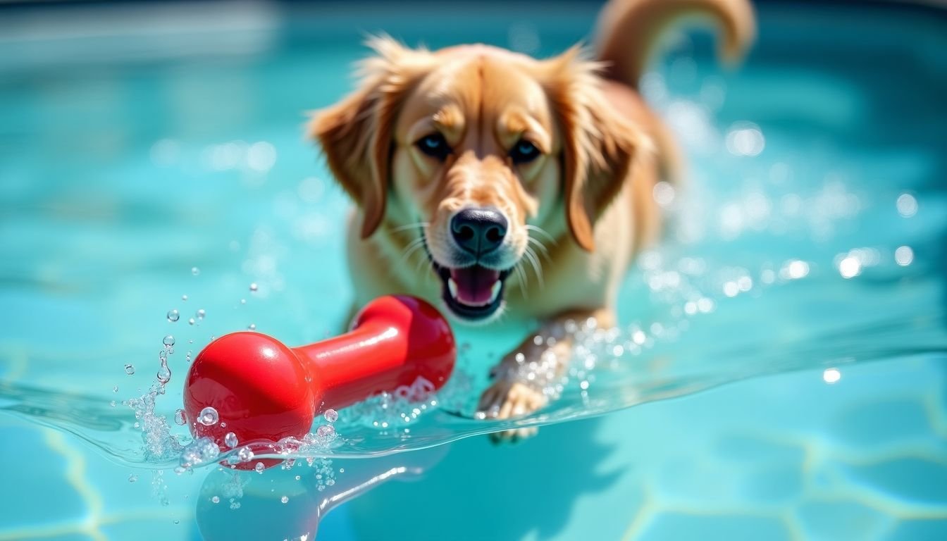 A golden retriever eagerly plays with a red rubber chew toy in a swimming pool.