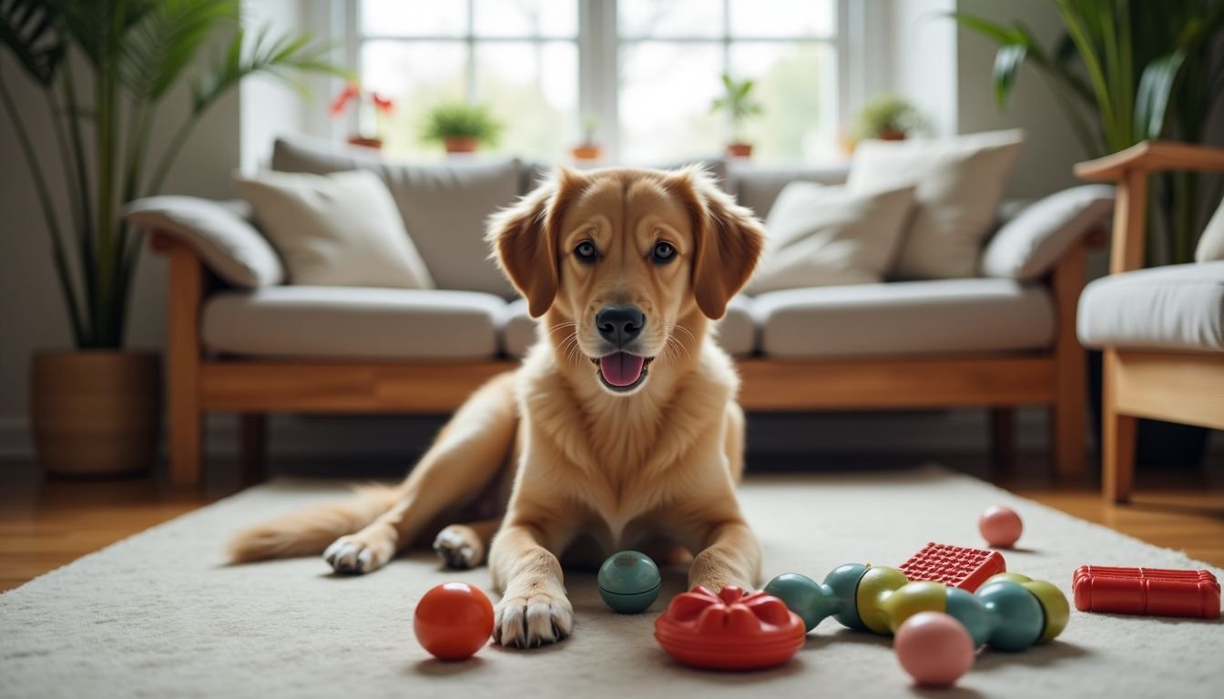 A dog-friendly living room with various durable toys scattered around.