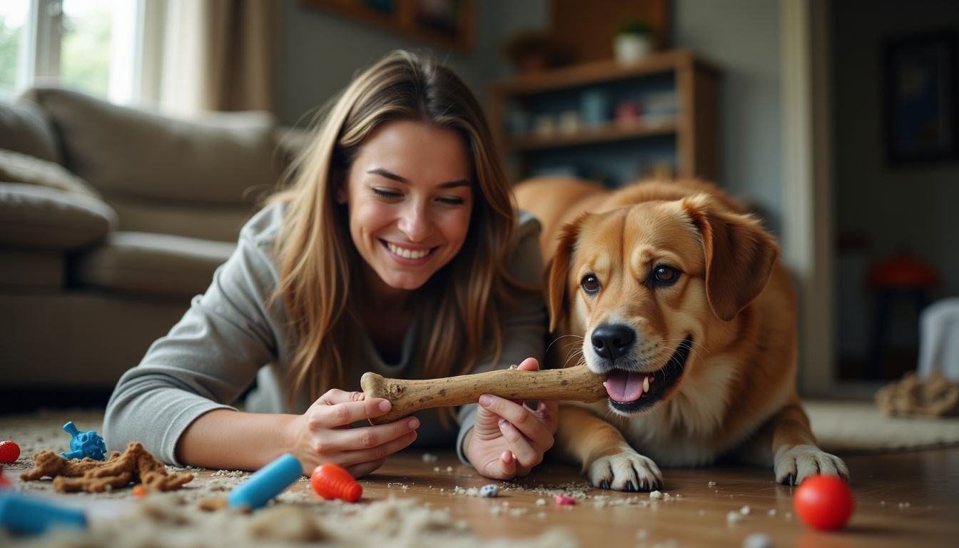A woman and her dog play with durable toys in a messy living room. A woman and her dog play with durable toys in a messy living room.