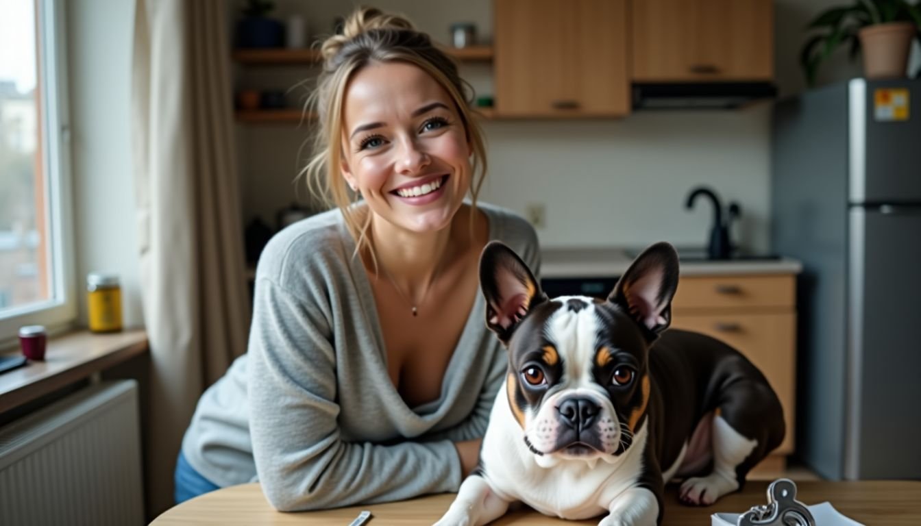 A woman walks her small French Bulldog in a cozy apartment.