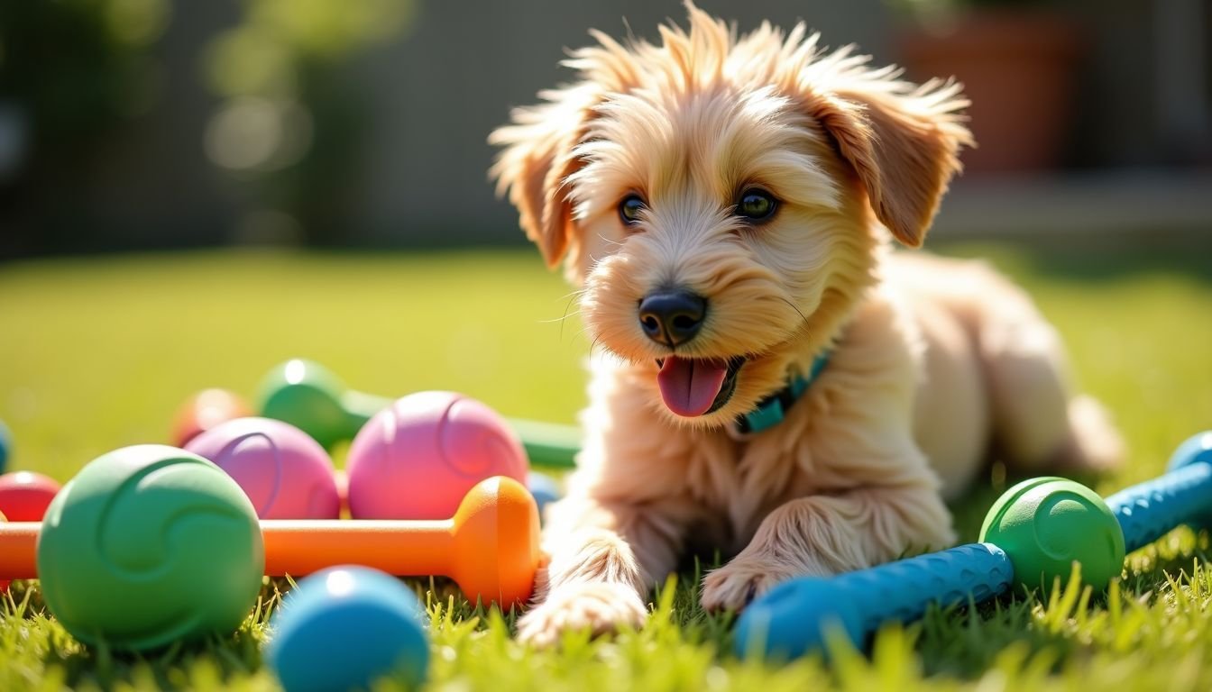 A playful dog surrounded by eco-friendly toys from West Paw and Planet Dog.