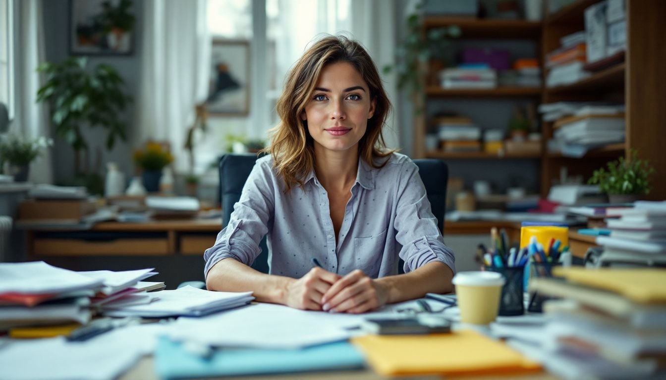 A woman in her 30s organizing pet supplies at a cluttered desk.