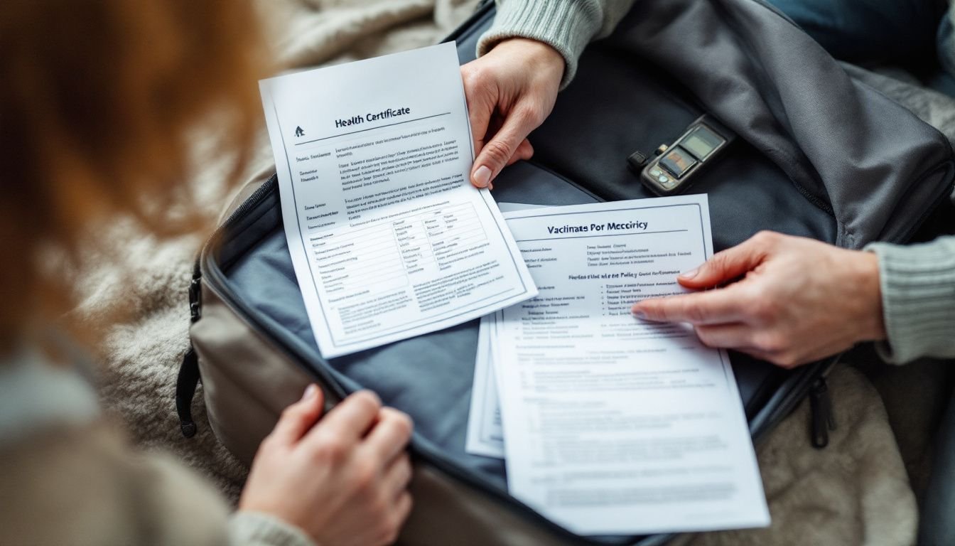 A person is organizing important travel documents for their dog.