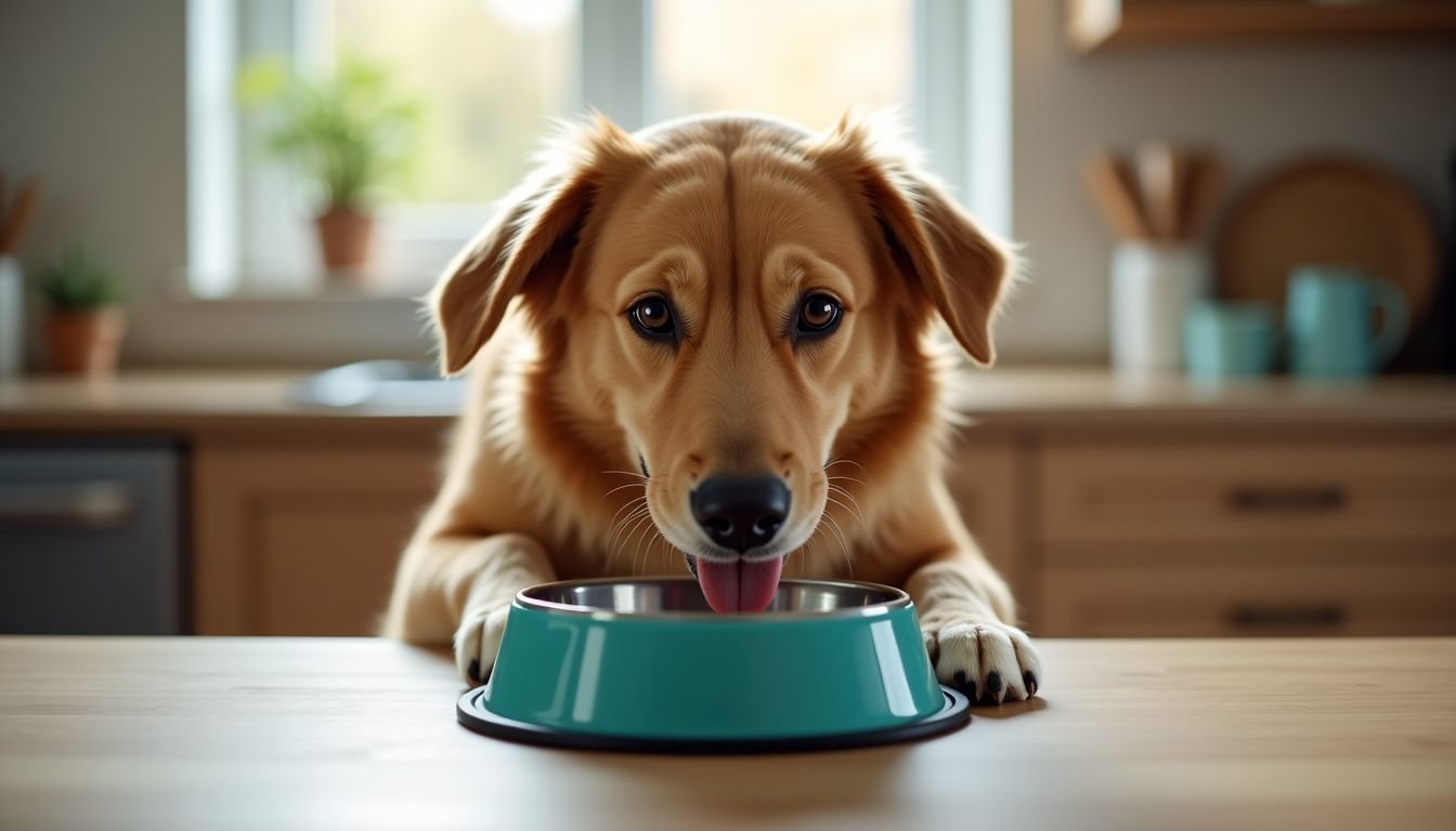 A happy dog eating from a colorful dog bowl in a cozy kitchen.