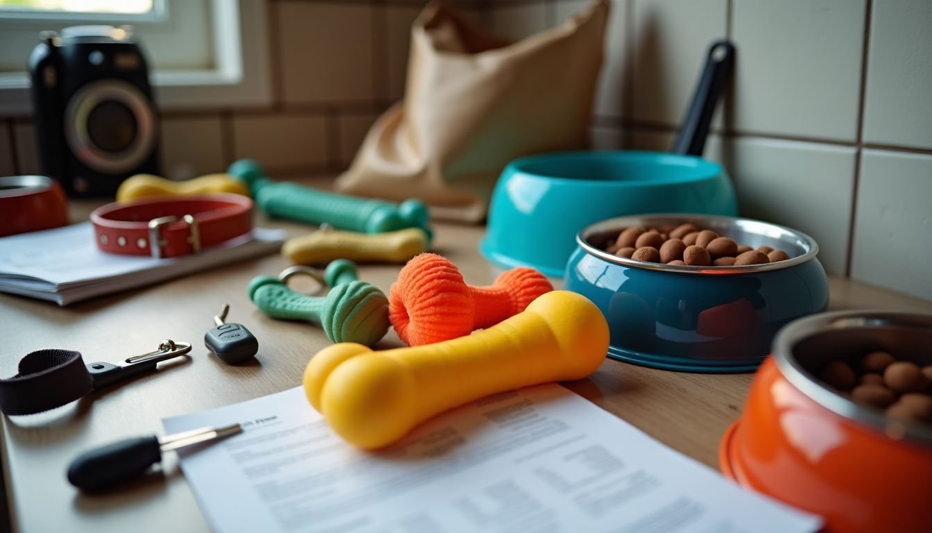 A cluttered kitchen counter filled with dog essentials and papers.