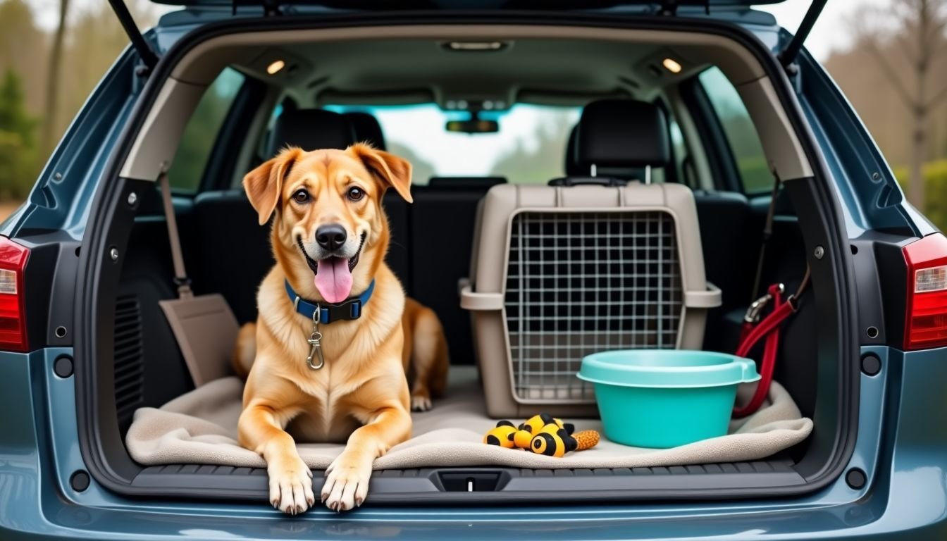 A dog sits in the back of a car surrounded by travel essentials.