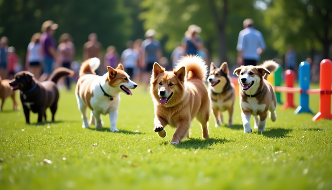 A lively dog social event in a spacious park with agility equipment.