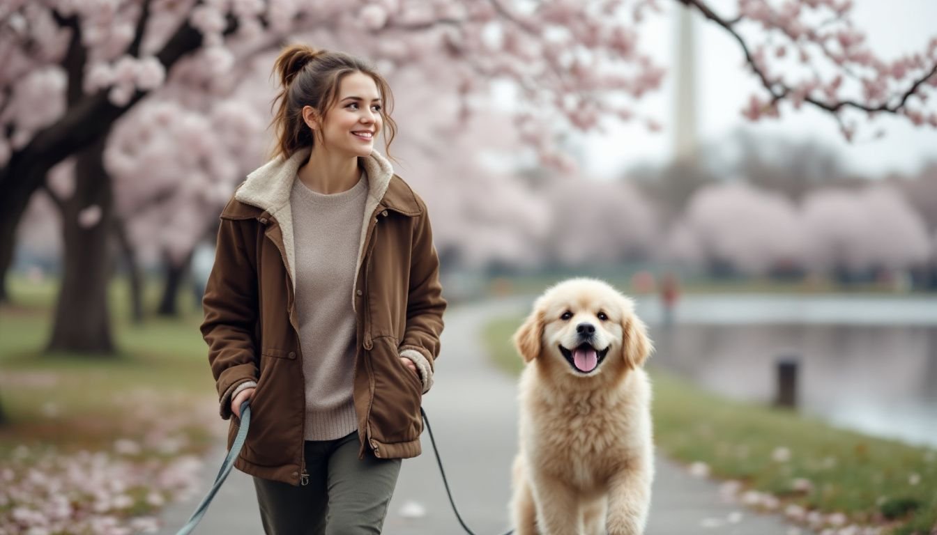 A woman walks a fluffy brown dog among blooming cherry blossoms. A woman walks a fluffy brown dog among blooming cherry blossoms.
