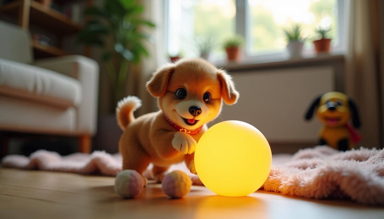 A toy dog happily plays with a glowing ball in a cozy living room.