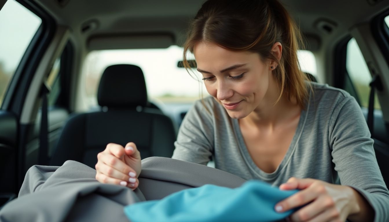 A woman packing essentials for a road trip with her pet.
