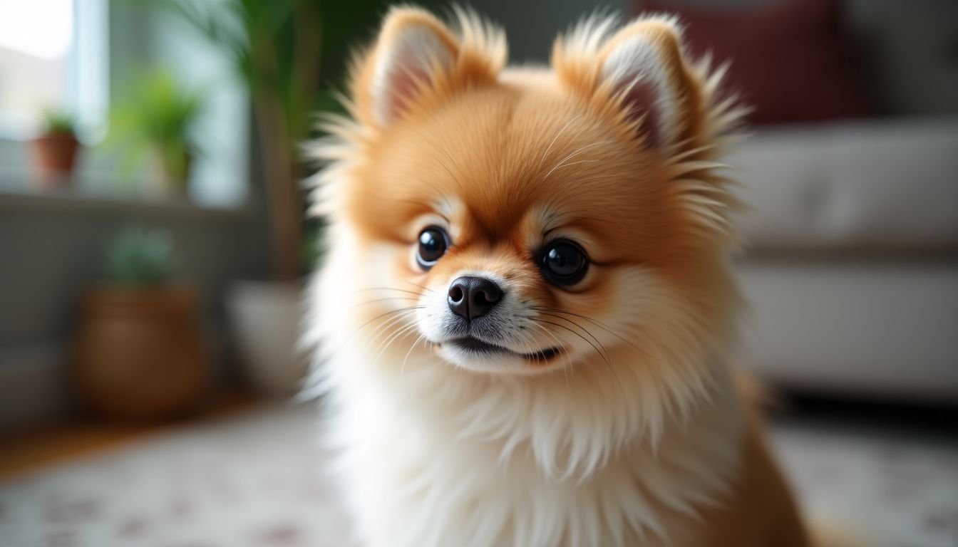 A close-up photo of a fluffy Pomeranian with a cute expression.