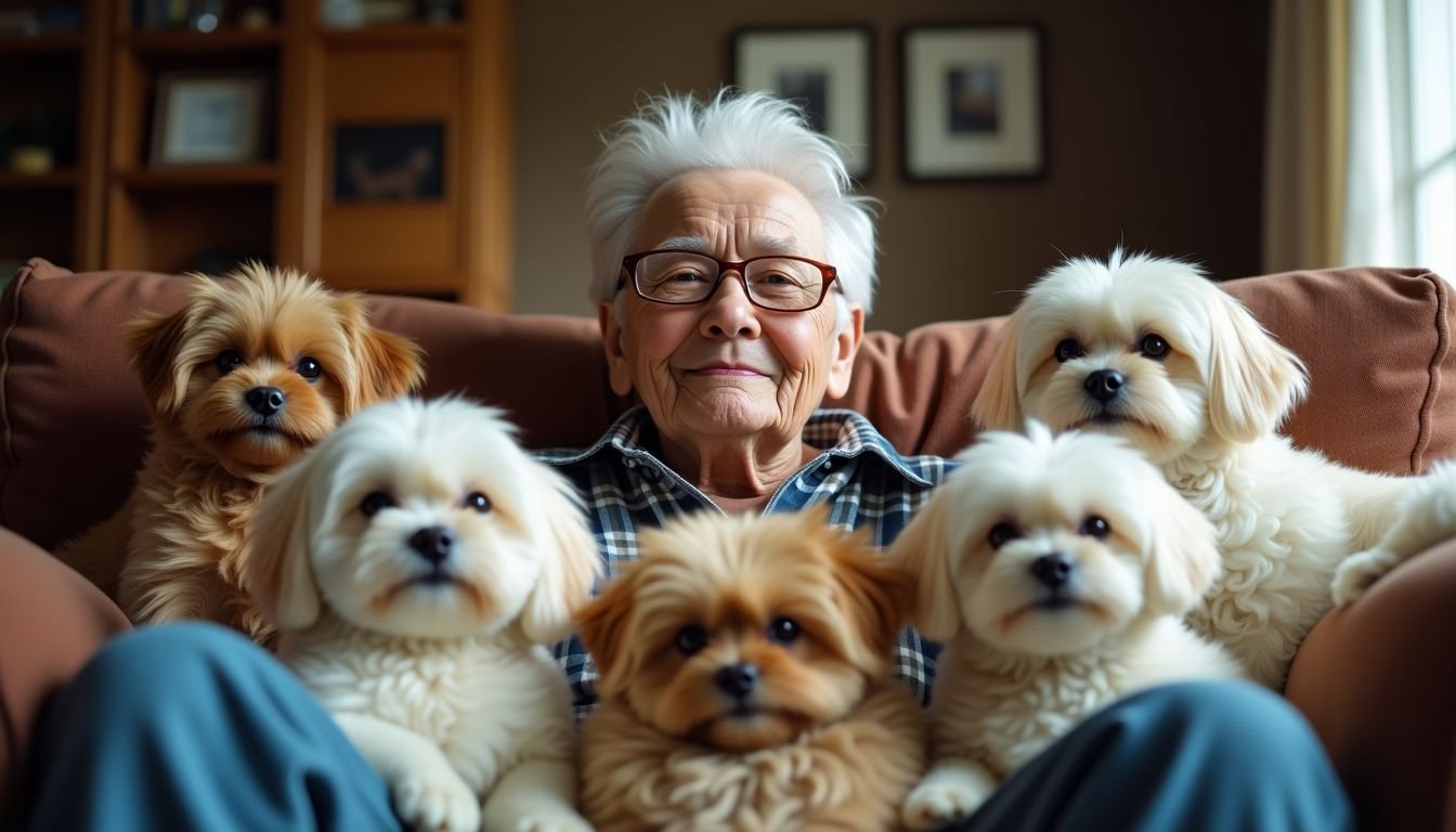 An elderly person sitting with small dogs in a cozy living room.