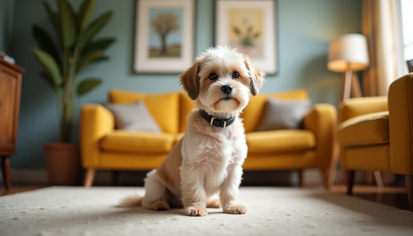 A small dog sits comfortably in a cozy, well-decorated living room.