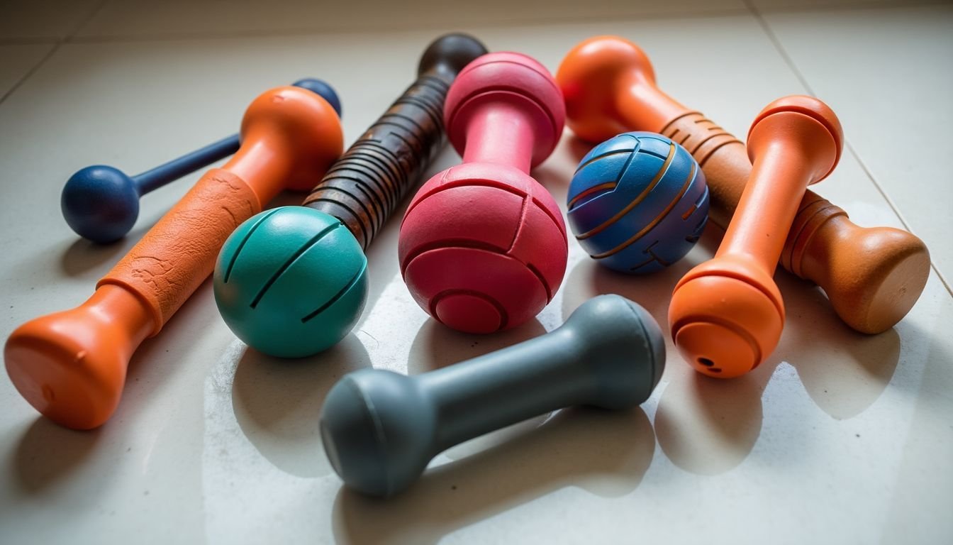 A variety of durable chew toys displayed on clean floor.