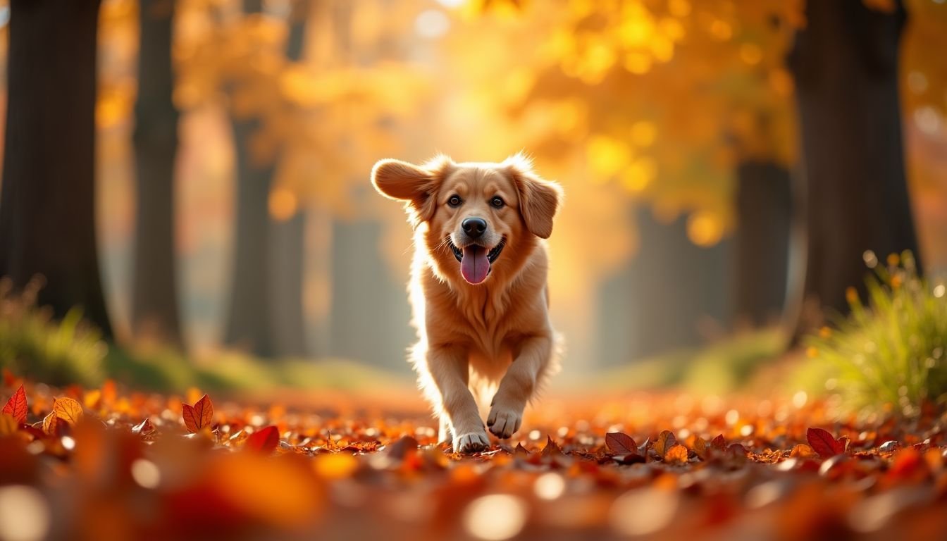 'A golden retriever runs happily through a colorful autumn forest.' 'A golden retriever runs happily through a colorful autumn forest.'