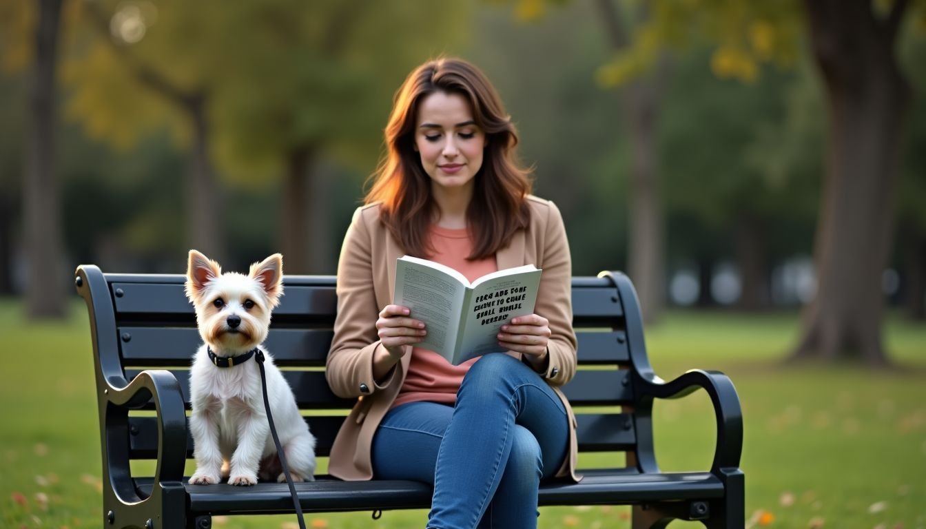 A person reading a booklet about small dog breeds in the park.